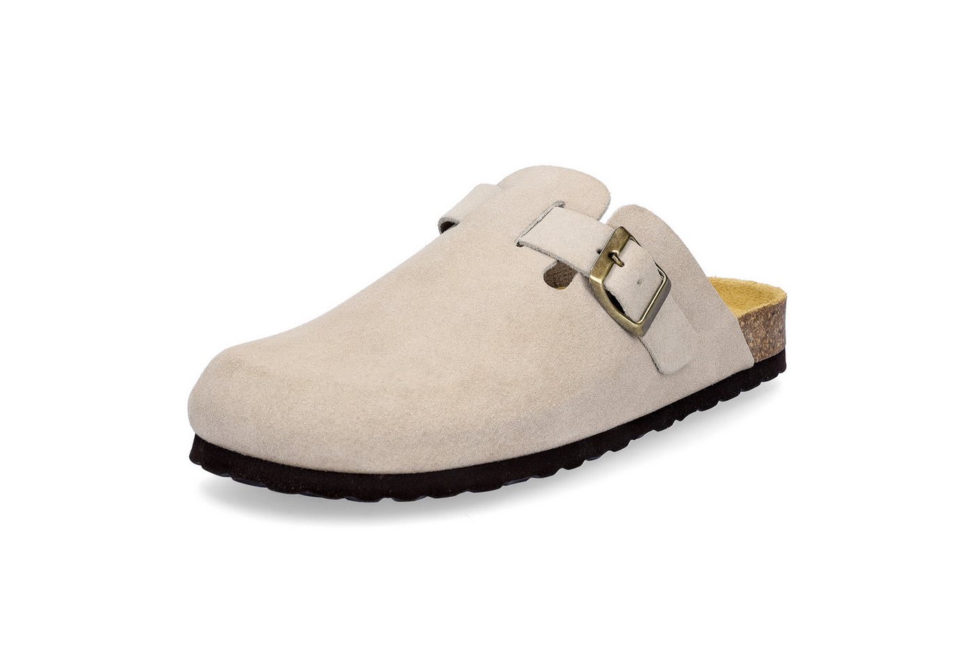 MIDS MONTY Damen Pantolette beige mit Velourleder & Rauleder-Fußbett, Komfort-Clog