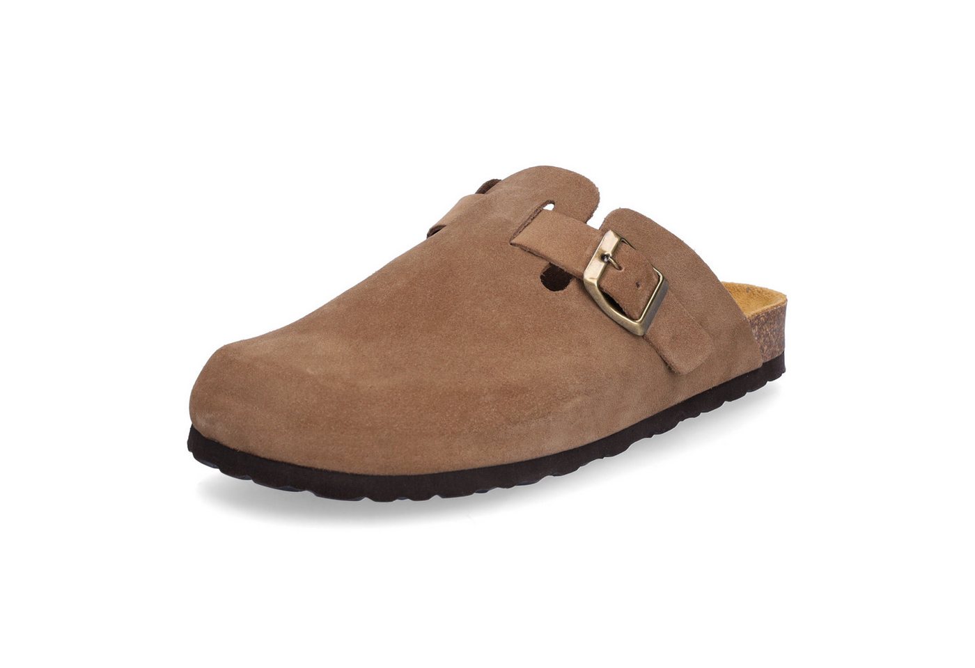 MIDS MONTY Damen Pantolette tan mit Velourleder & Rauleder-Fußbett, Komfort-Clog, Weichtrittsohle