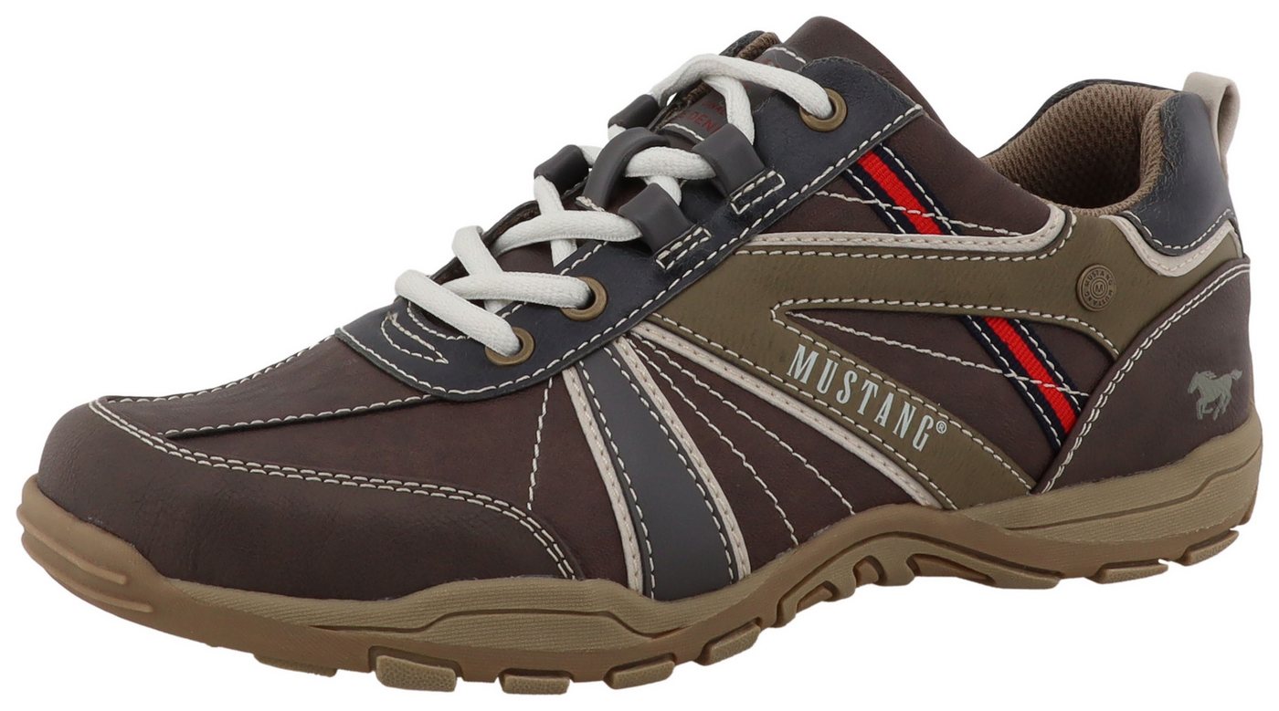mustang shoes Ferdinando Sneaker Freizeitschuh, Halbschuh, Schnürschuh mit auffälligen Kontrastnähten (mokka kombiniert)