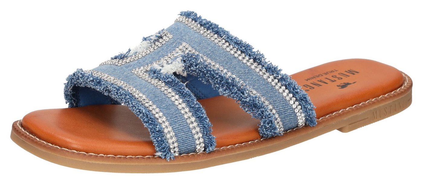 mustang shoes Pantolette, Flats, Sandale im Jeans-Look mit Strass-Steinchen verziert