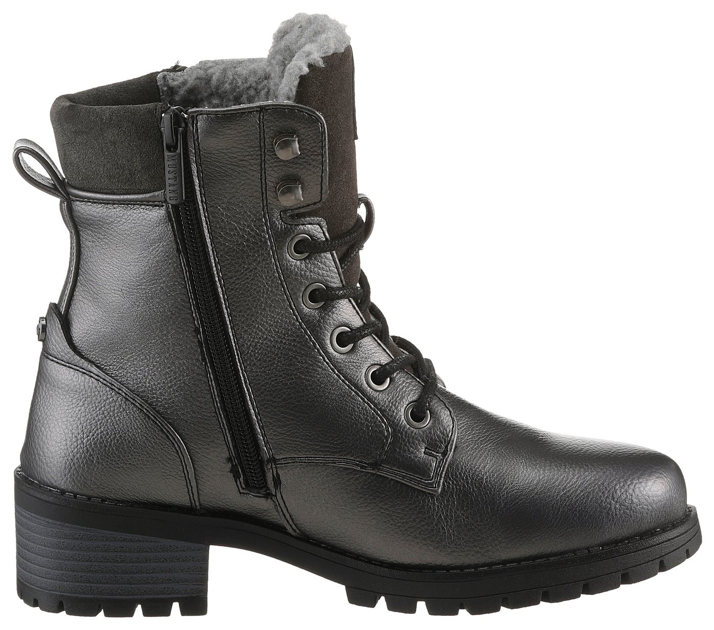 mustang shoes Schnürboots, Schnürstiefelette, Blockabsatz, in Metallic-Optik, schmale Form