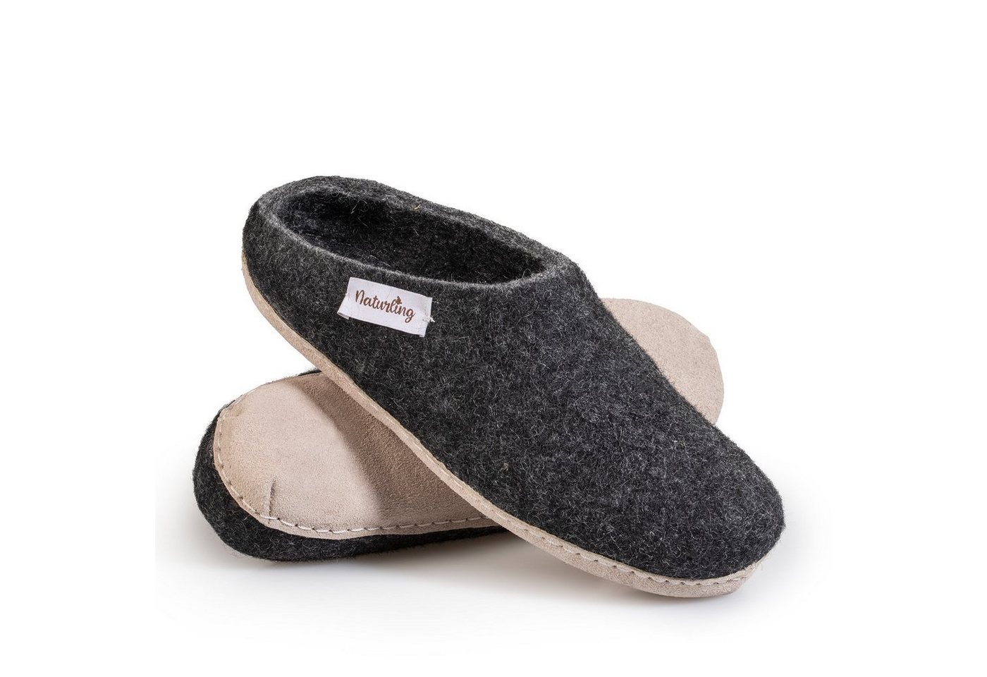 naturling Filz Damen Pantoffel Hausschuh (mit bequemer) Ledersohle