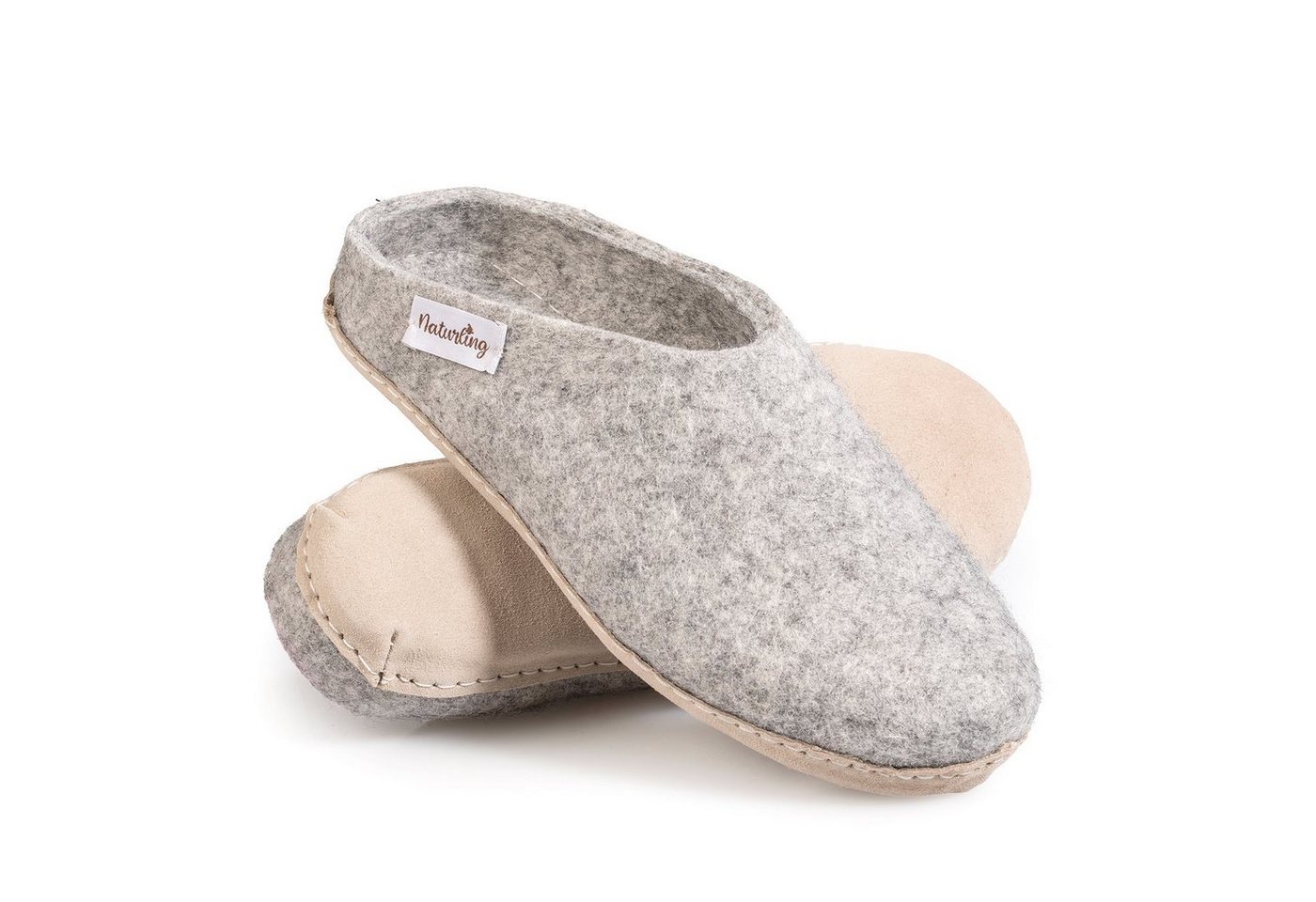 naturling Herren Filz Pantoffel Hausschuh (mit echter) Ledersohle (grau)