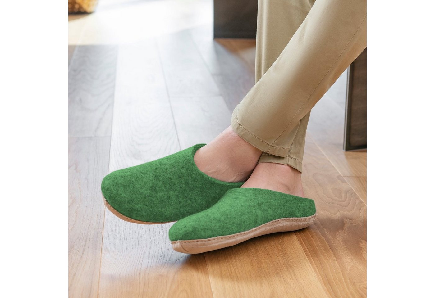 naturling Herren Filz Pantoffel Hausschuh (mit echter) Ledersohle