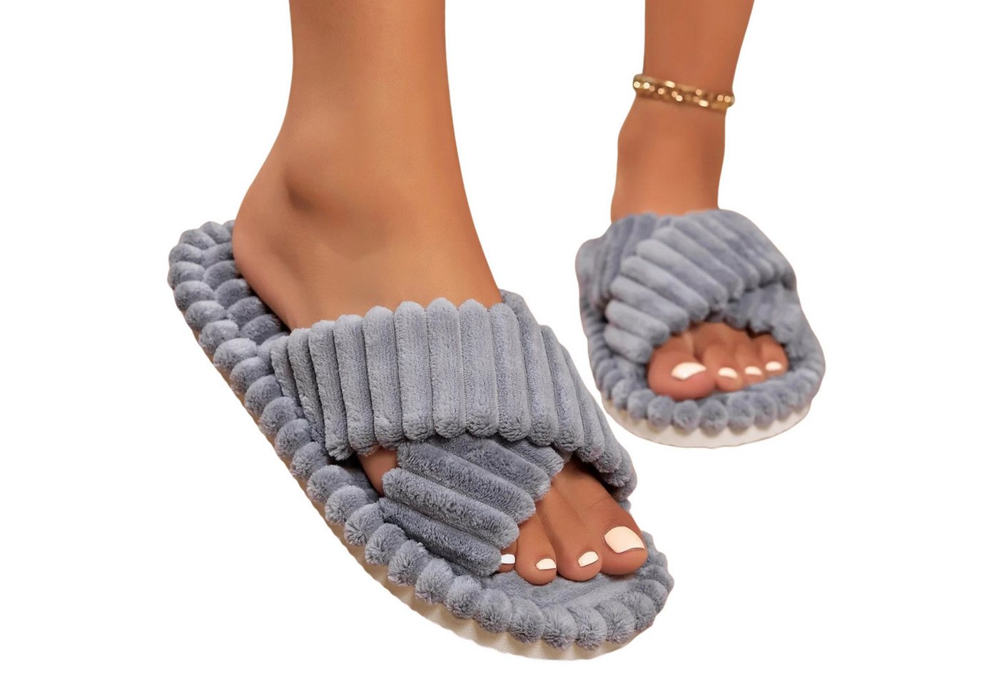NEXORA Damen Hausschuhe flauschig – Kuschelige Pantoffeln mit Kreuzriemen Plüsch Hausschuhe