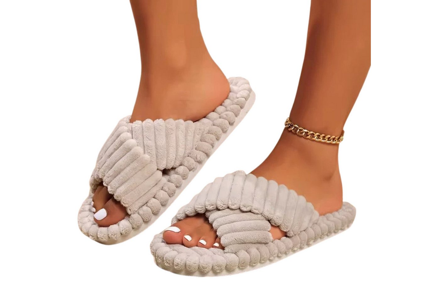 NEXORA Damen Hausschuhe flauschig – Kuschelige Pantoffeln mit Kreuzriemen Plüsch Hausschuhe (Paar, Paar) kuschelige Plüsch-Hausschuhe mit rutschhemmender Sohle (beige)