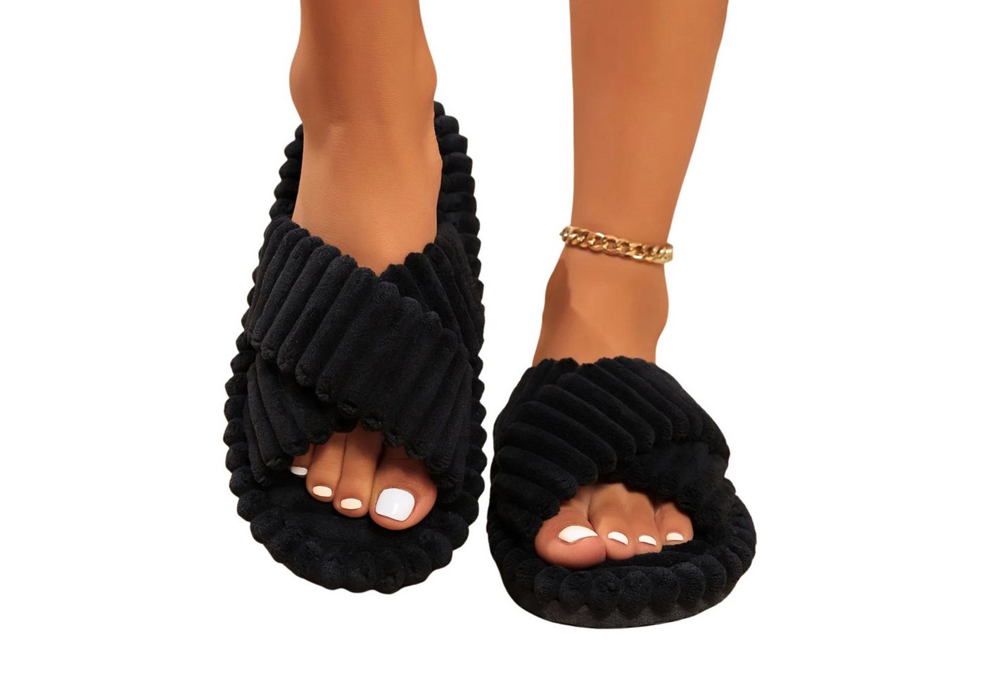 NEXORA Damen Hausschuhe flauschig – Kuschelige Pantoffeln mit Kreuzriemen Plüsch Hausschuhe (Paar, Paar) kuschelige Plüsch-Hausschuhe mit rutschhemmender Sohle (schwarz)