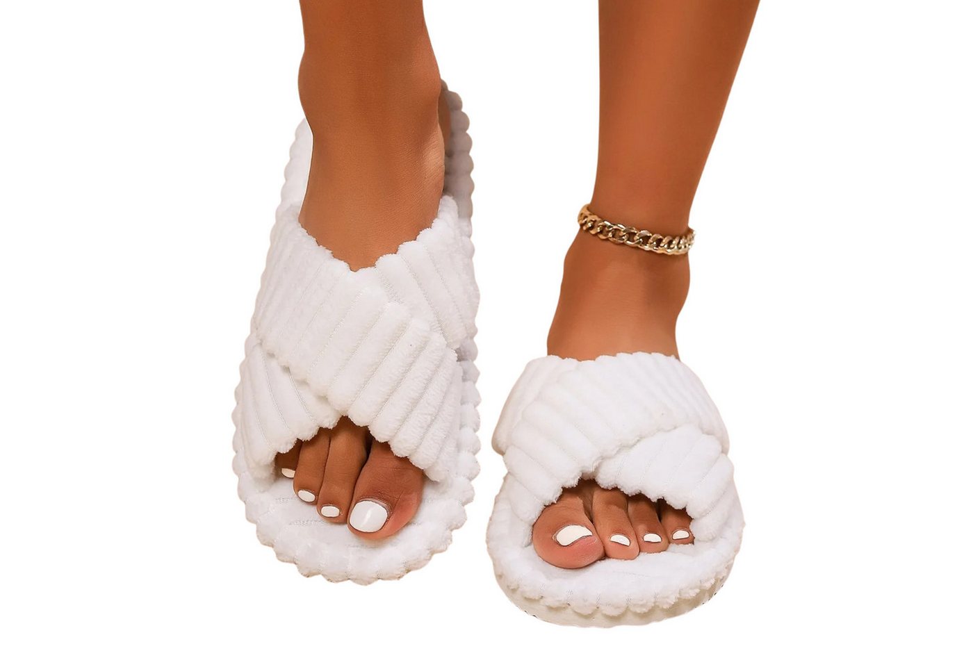 NEXORA Damen Hausschuhe flauschig – Kuschelige Pantoffeln mit Kreuzriemen Plüsch Hausschuhe