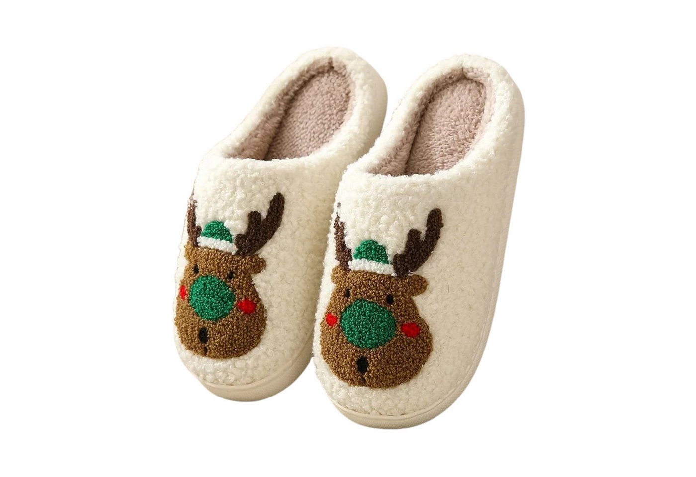 NEXORA Flauschige Damen Hausschuhe mit Rentier-Stickerei – kuschelig warm Plüsch Hausschuhe (Paar) kuschelige Hausschuhe mit weihnachtlichem Rentier-Motiv