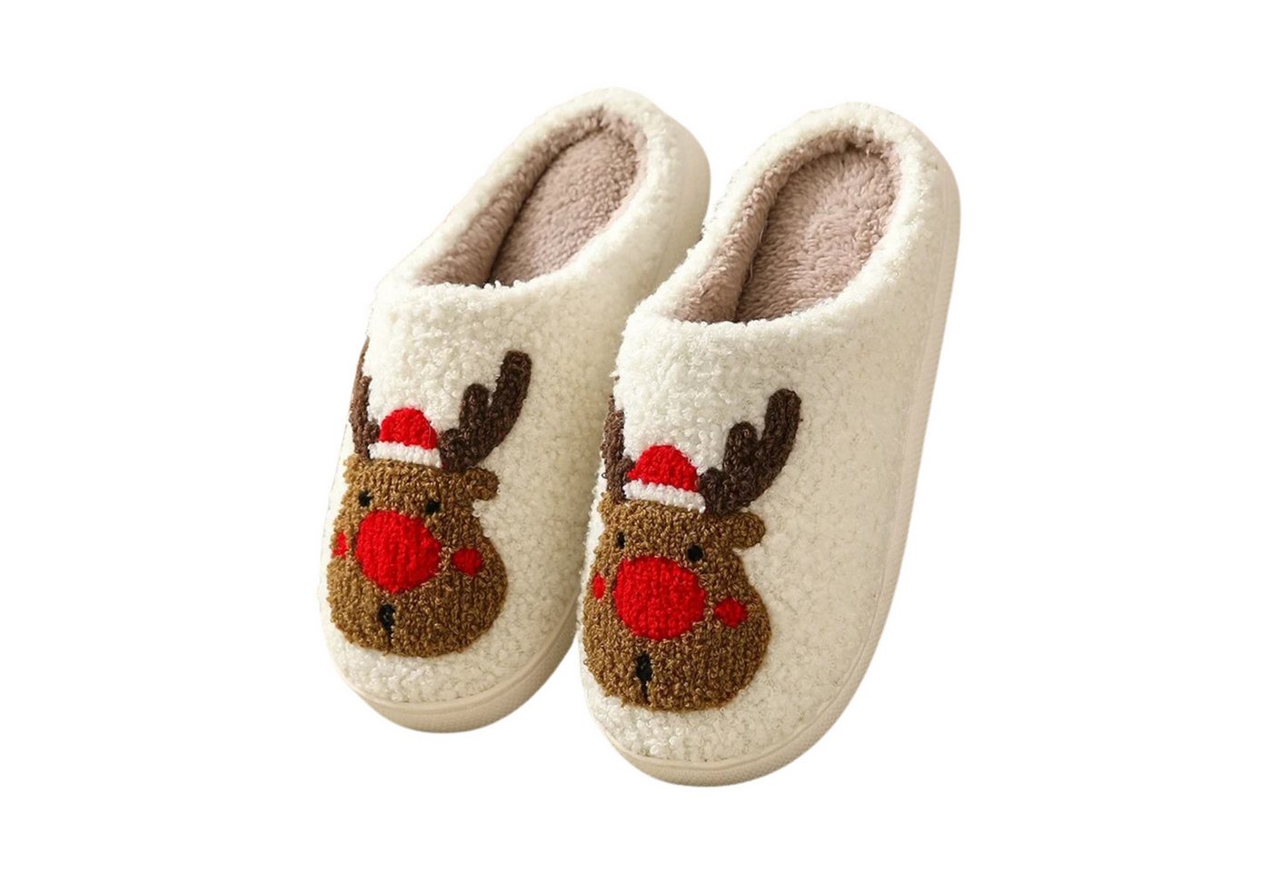 NEXORA Flauschige Damen Hausschuhe mit Rentier-Stickerei – kuschelig warm Plüsch Hausschuhe (Paar) kuschelige Hausschuhe mit weihnachtlichem Rentier-Motiv