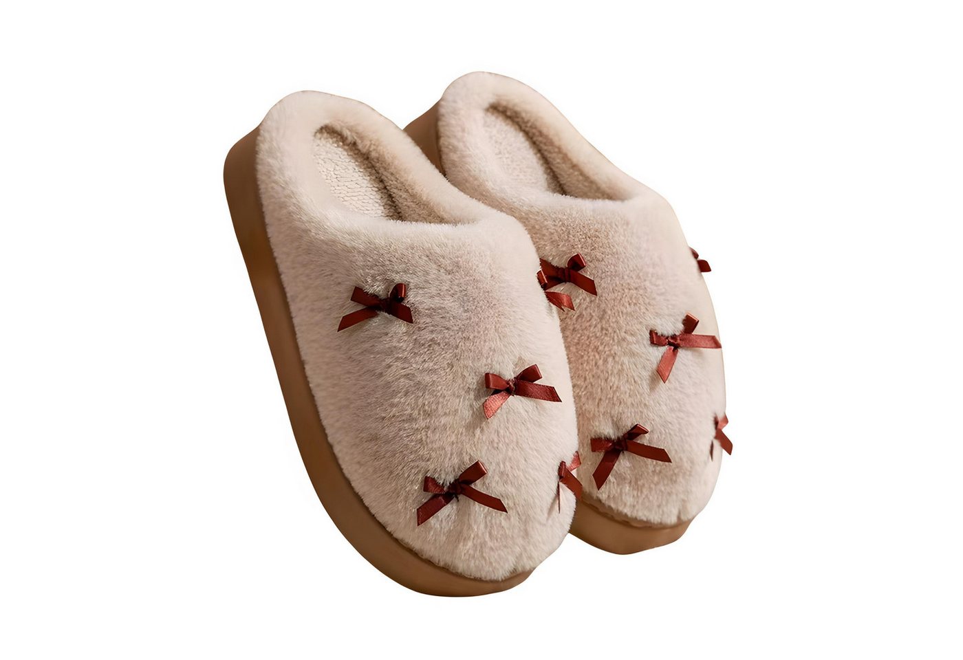 NEXORA Kuschelige Plüsch-Hausschuhe mit Schleifen Plüsch Hausschuhe (Paar) kuschelige Hausschuhe mit niedlichen Schleifchen (braun)
