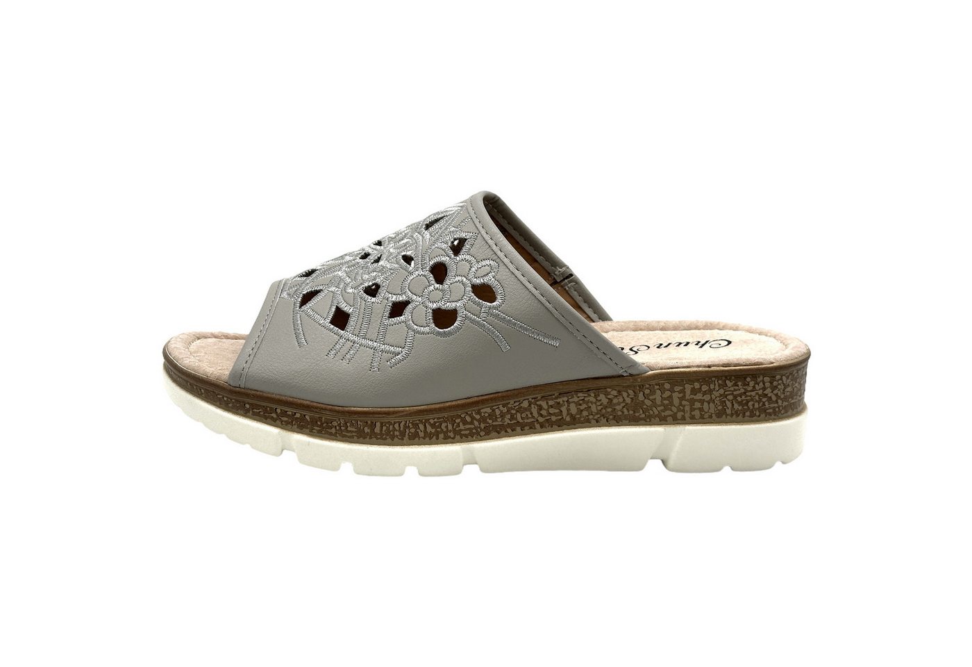 Nowaland Bequeme Damen-Pantoletten - luftdurchlässig & rutschfest Pantolette Blumenmuster, ergonomisch, Weich, rutschhemmend (grau)