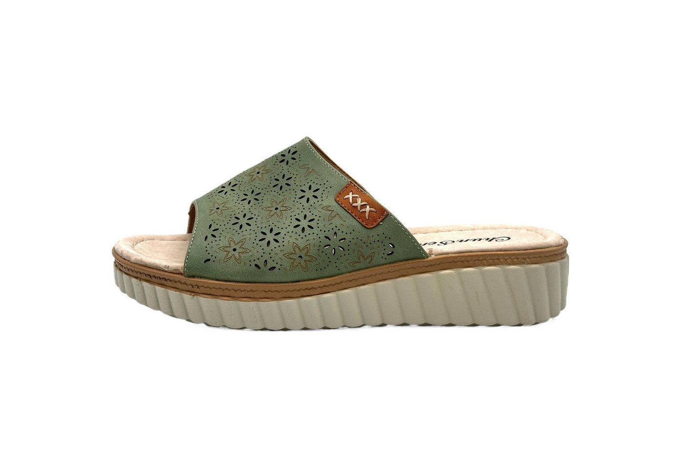 Nowaland Bequeme Damen-Pantoletten - luftdurchlässig & rutschfest Pantolette Blumenmuster, ergonomisch, Weich, rutschhemmend (Salbei)