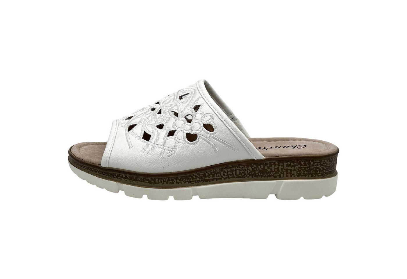 Nowaland Bequeme Damen-Pantoletten - luftdurchlässig & rutschfest Pantolette Blumenmuster, ergonomisch, Weich, rutschhemmend (weiß)