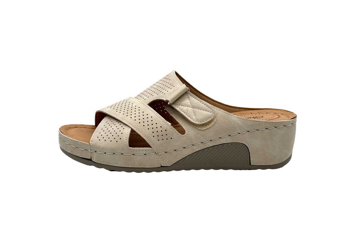 Nowaland Bequeme Damen-Pantoletten mit verstellbarem Riemen und Keilabsatz Pantolette atmungsaktiv, weiche Innensohle, ideal für Alltag & Komfort (beige)