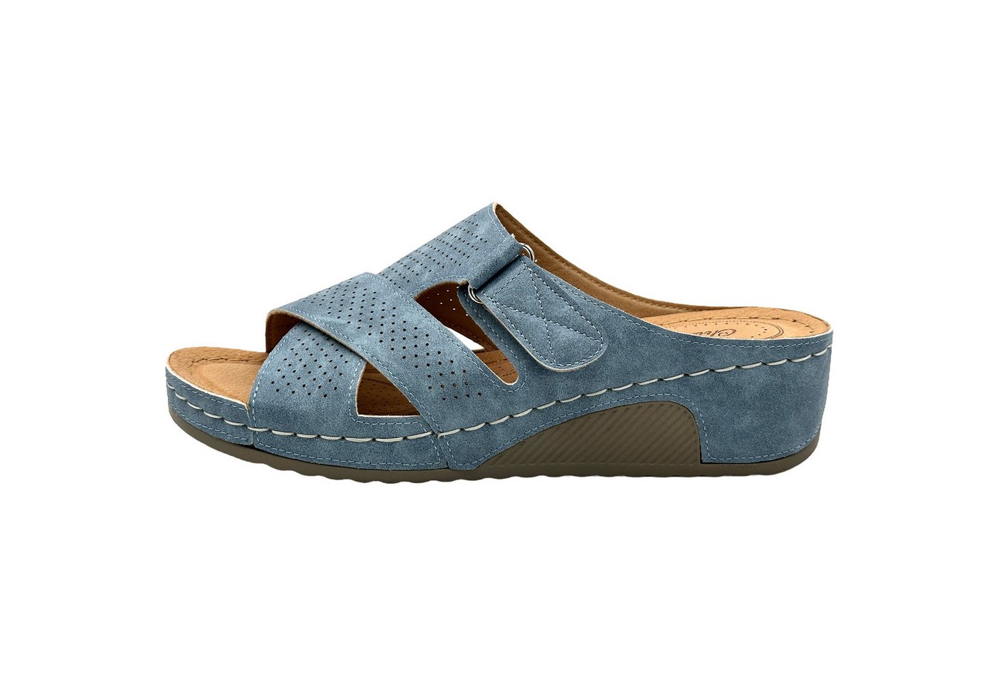 Nowaland Bequeme Damen-Pantoletten mit verstellbarem Riemen und Keilabsatz Pantolette atmungsaktiv, weiche Innensohle, ideal für Alltag & Komfort (blau)