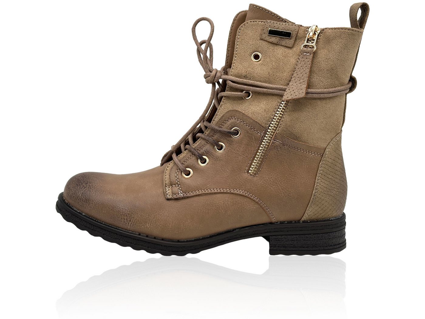 Nowaland Casual Damen Boots mit Warmfutter und Reißverschluss Stiefelette Dekorative Schnürung und kuscheliges Warmfutter