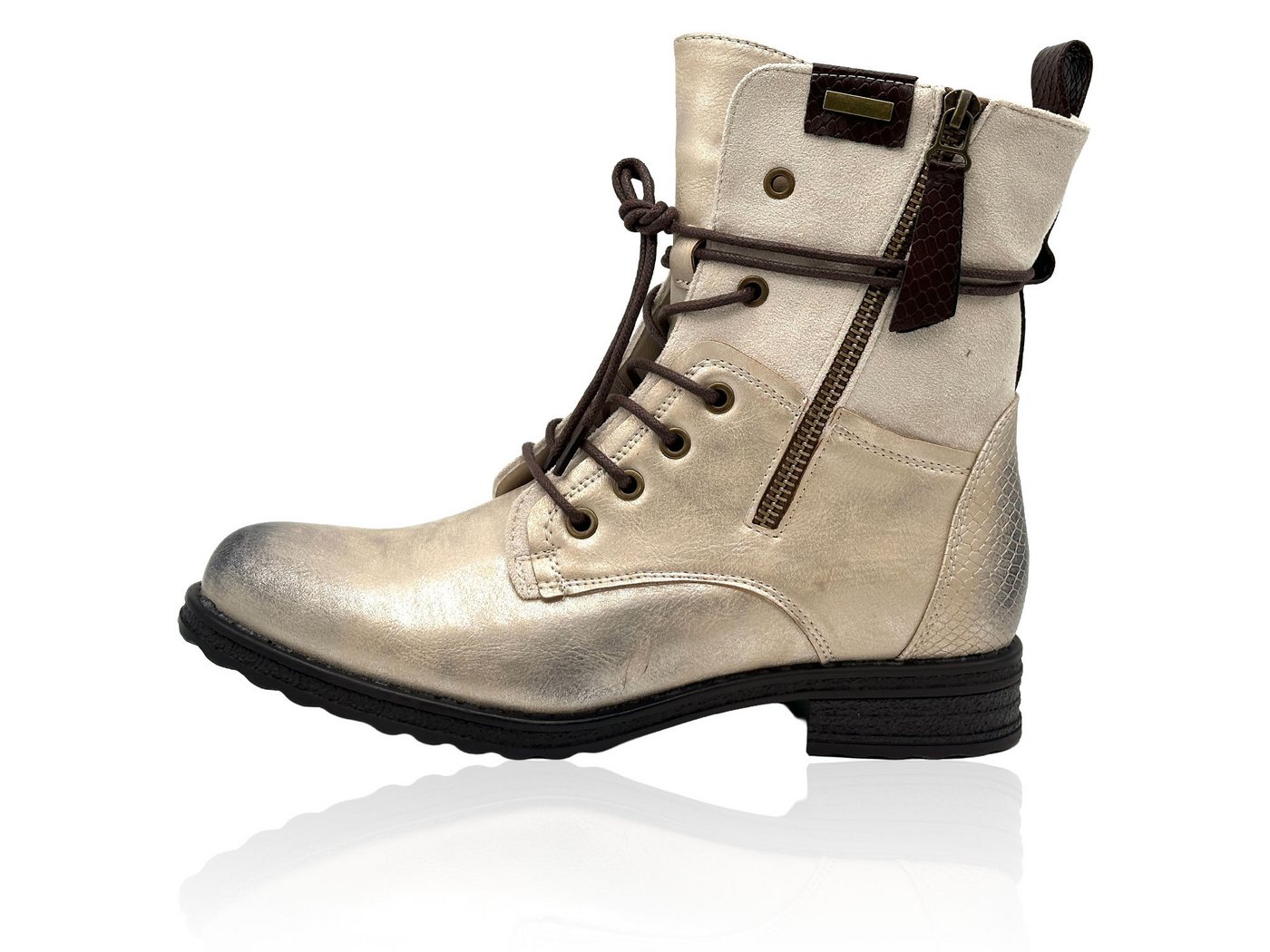 Nowaland Casual Damen Boots mit Warmfutter und Reißverschluss Stiefelette Dekorative Schnürung und kuscheliges Warmfutter