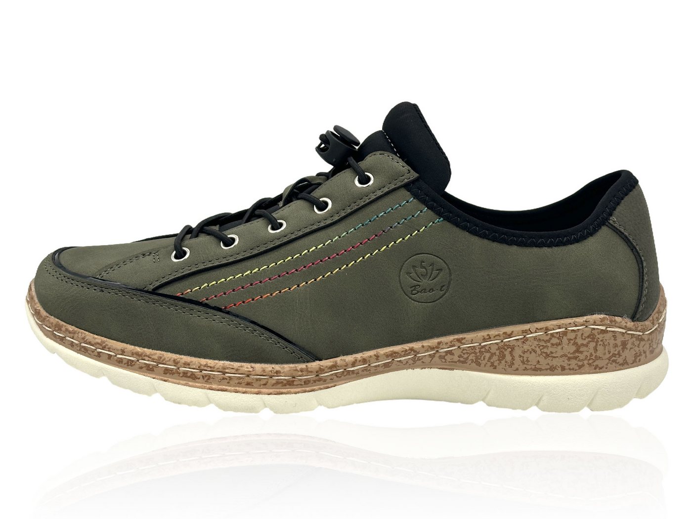 Nowaland Damen Halbschuh mit Schnellverschluss und farbigen Kontrastnähten Slipper Elastikschnürung mit Stopper & dekorative Mehrfarb-Nähte (grün)