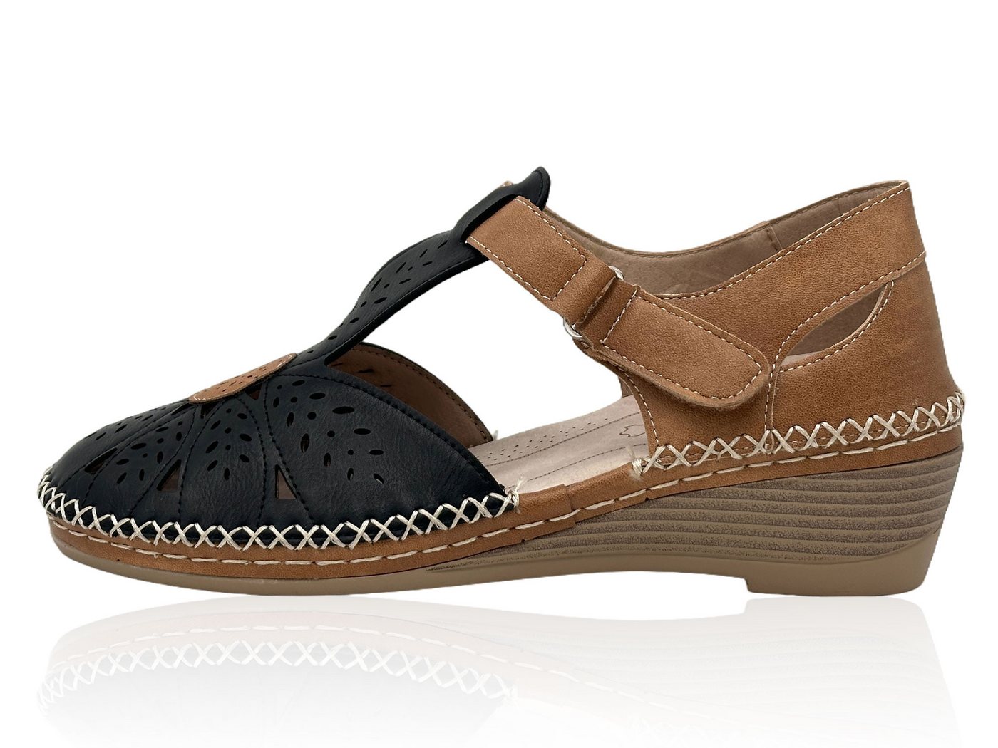 Nowaland Damen Komfort Sandalen mit Klettverschluss und Keilabsatz Sandale Atmungsaktiv, weich gepolstert, flexible Laufsohle (schwarz)