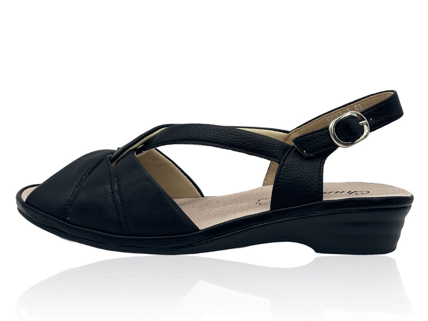 Nowaland Damen Komfort Sandalen mit T-Steg – Leichte Sommerschuhe Sandale Lederdecksohle, verstellbarer Riemen, leichter Keilabsatz (schwarz)