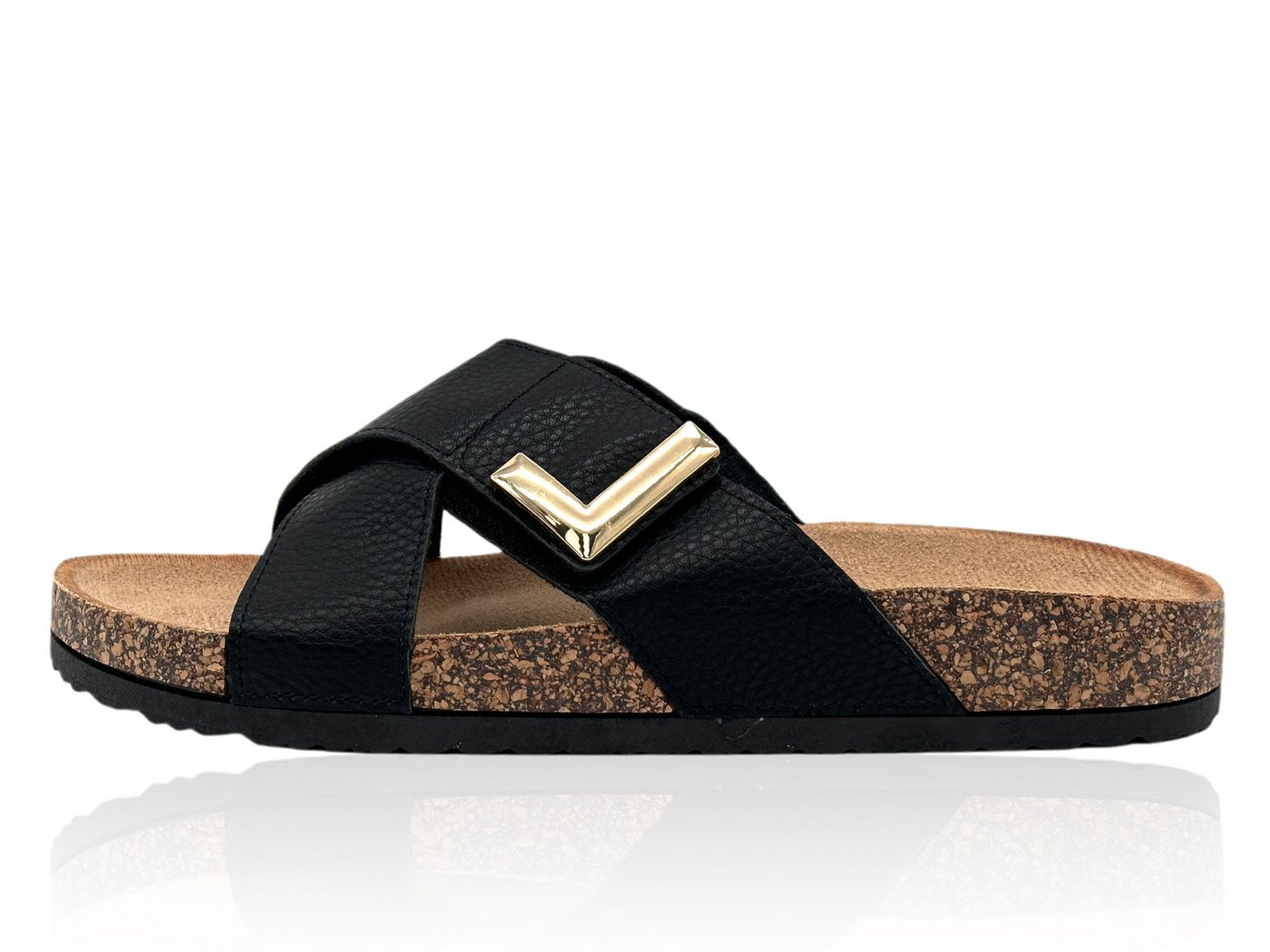 Nowaland Damen Pantoletten – Bequeme Sommer Sandalen mit Korkoptik Pantolette Leicht, bequem, modisch mit weicher Korkoptik-Sohle (schwarz)