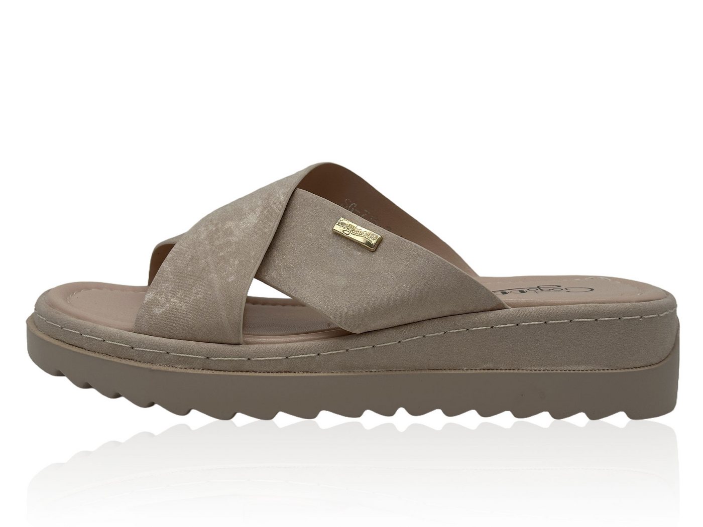 Nowaland Damen Pantoletten mit gekreuzten Riemen – Leichte Sommer Slides Pantolette Minimalistisch, leicht gepolstert, flexibel & bequem (beige)