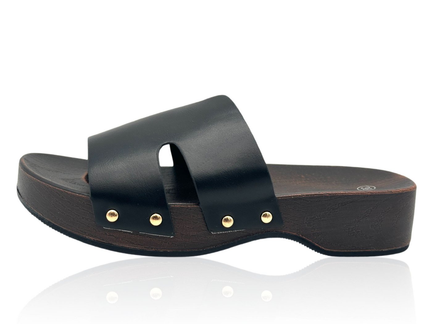 Nowaland Damen Plateau Pantoletten mit Holzoptik-Sohle Pantolette Modische Plateau-Sohle mit stilvollen Ziernieten (schwarz)