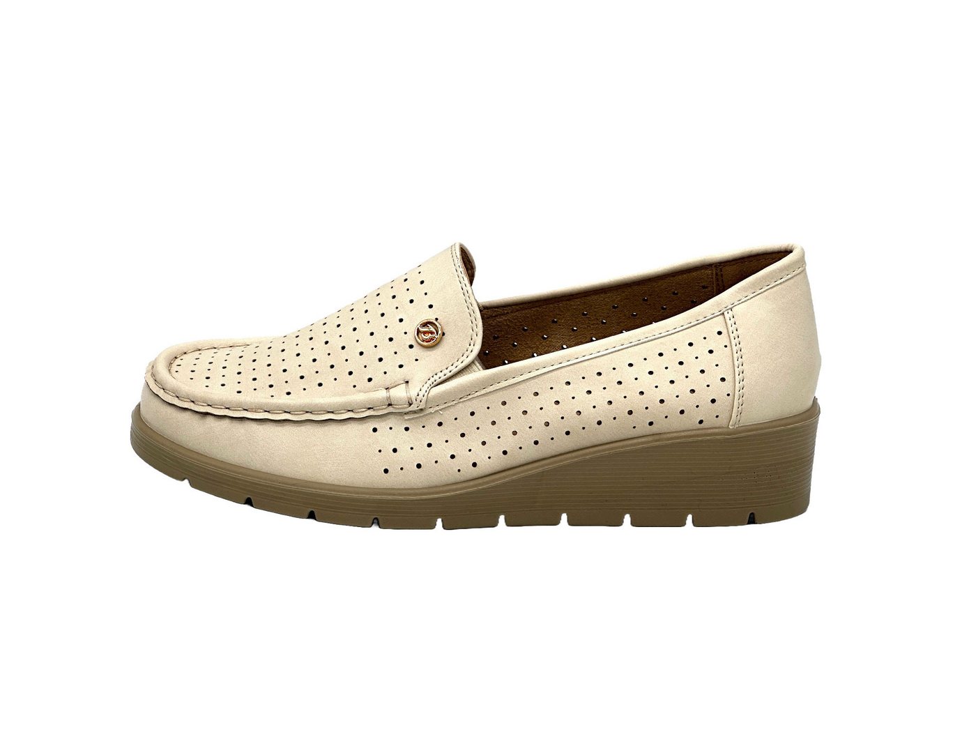 Nowaland Damen Slipper mit Keilsohle Slipper Atmungsaktiv, leicht, flexible Keilsohle, bequem (beige)