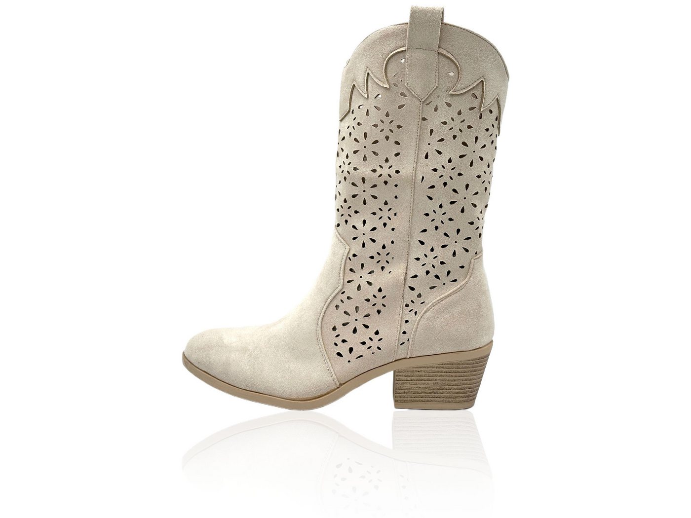 Nowaland Damen Sommerstiefel im modischen Cowboy-Stil Stiefel Seitlicher Reißverschluss-luftiges Cut-Out-Design-femininer Silhouette (beige)