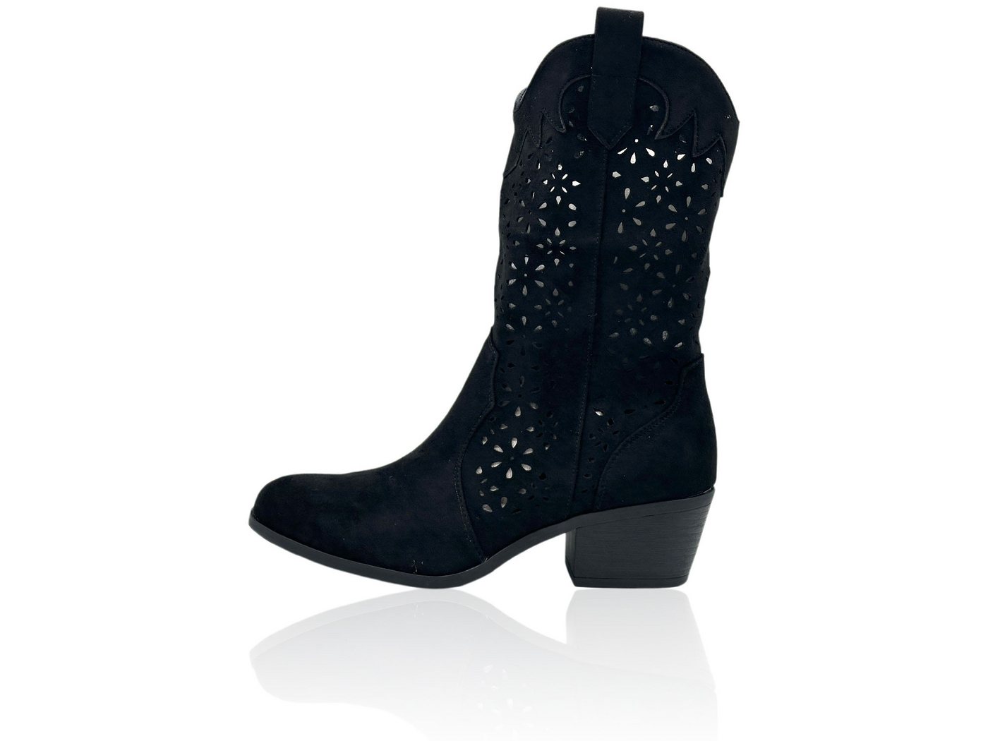 Nowaland Damen Sommerstiefel im modischen Cowboy-Stil Stiefel Seitlicher Reißverschluss-luftiges Cut-Out-Design-femininer Silhouette (schwarz)