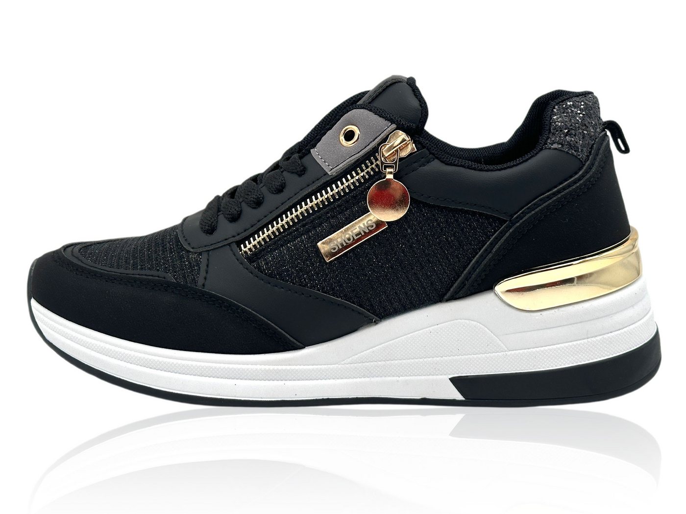 Nowaland Modische Damen Freizeitsneaker mit Zierdetails und Reißverschluss Sneaker Modisches Design, leichte Plateausohle und dekorative Details (schwarz)