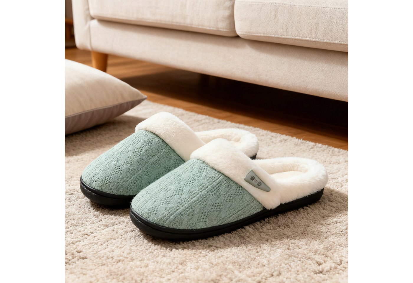 OKWISH Flausch-Hausschuhe für Damen und Herren Strickslipper Indoor Slipper Plüsch Hausschuhe (Gummisohle für komfortables Gehen im Innenbereich, 1-tlg., atmungsaktivem Strickstoff mit hochdichtem Memory-Schaum) Unisex-Hausschuhe ideal für täglichen Indoor-Gebrauch (grün)