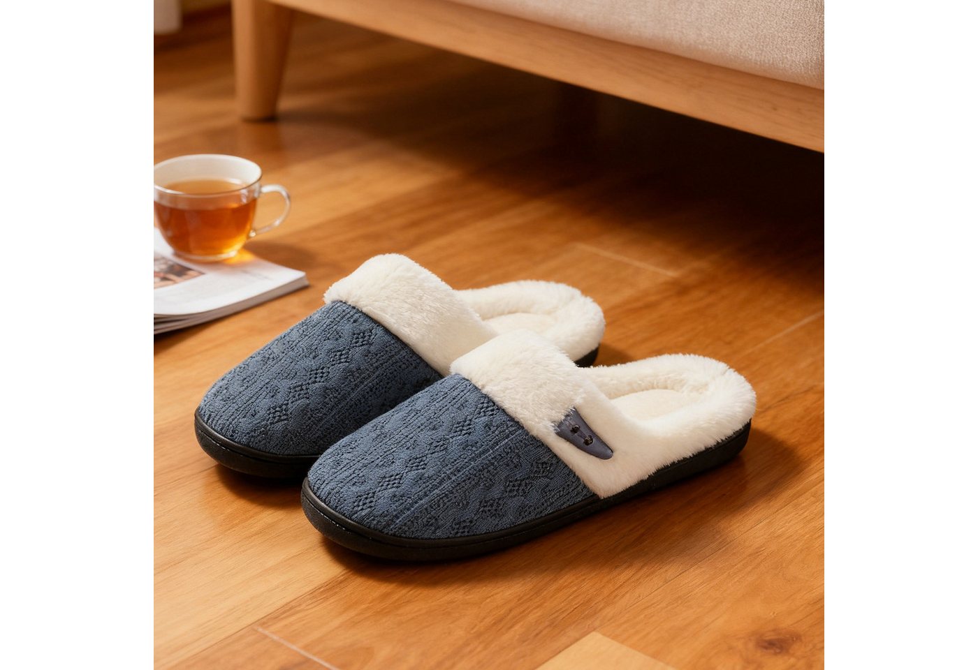 OKWISH Flausch-Hausschuhe für Damen und Herren Strickslipper Indoor Slipper Plüsch Hausschuhe (Gummisohle für komfortables Gehen im Innenbereich, 1-tlg., atmungsaktivem Strickstoff mit hochdichtem Memory-Schaum) Unisex-Hausschuhe ideal für täglichen Indoor-Gebrauch