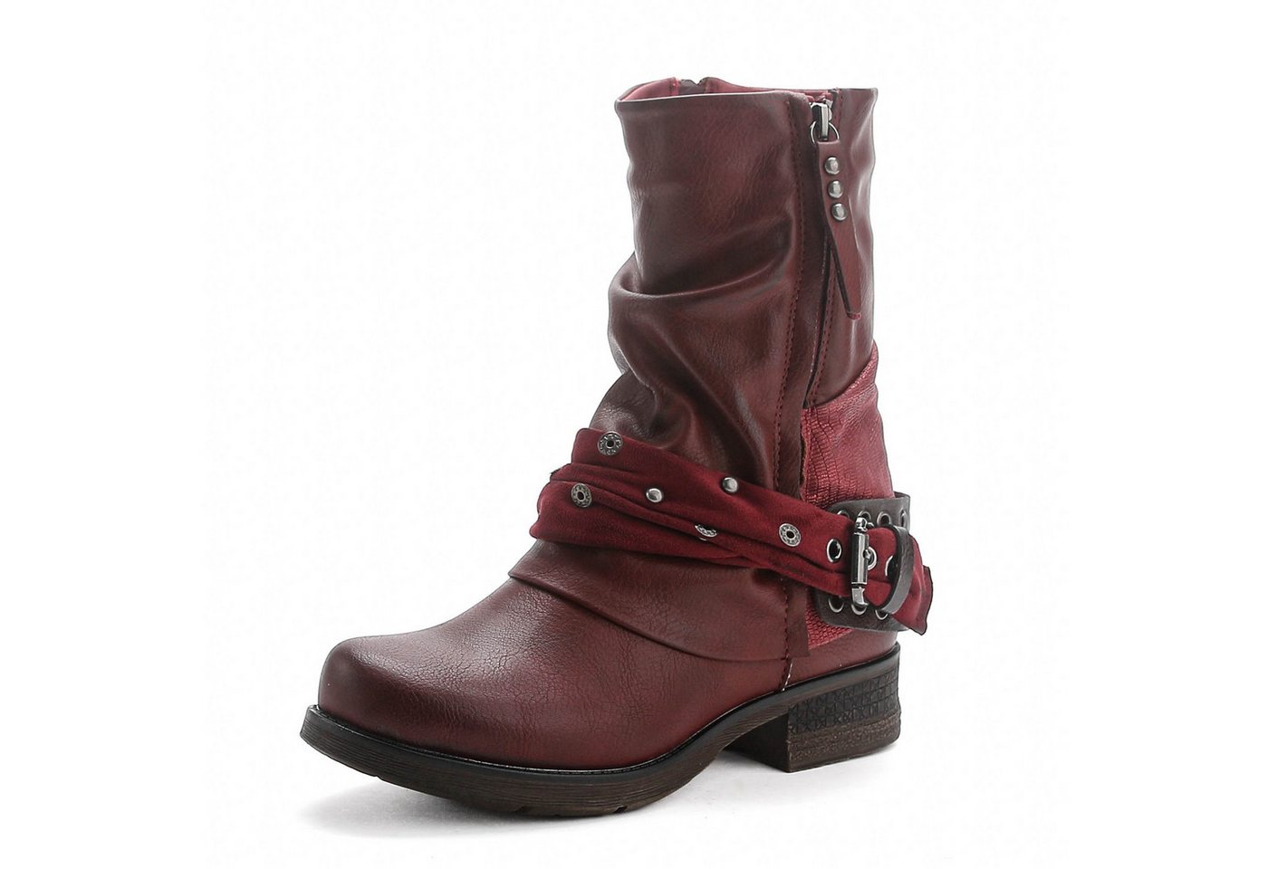 Pogolino ST04 Bikerboots Damen Biker Boots leicht gefüttert Nieten Stiefeletten (rot)