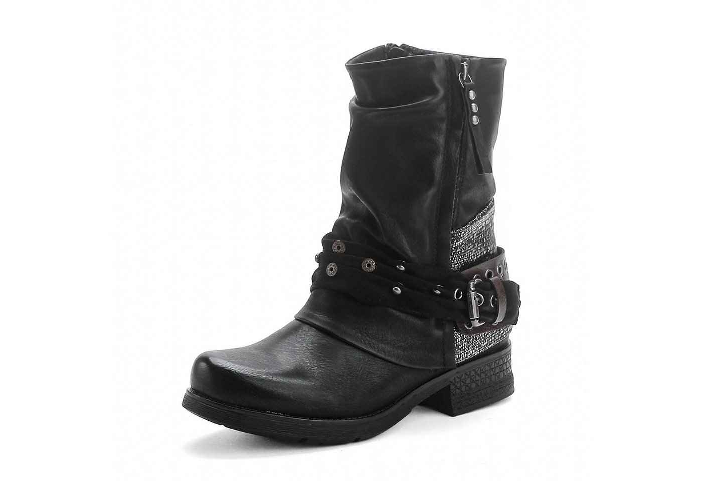 Pogolino ST04 Bikerboots Damen Biker Boots leicht gefüttert Nieten Stiefeletten (schwarz)