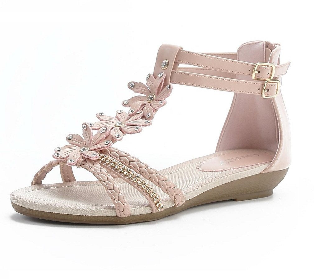 Pogolino ST98 Riemchensandale Damen Sandalen mit Glitzer und Blumen T-Riemen (rosa)