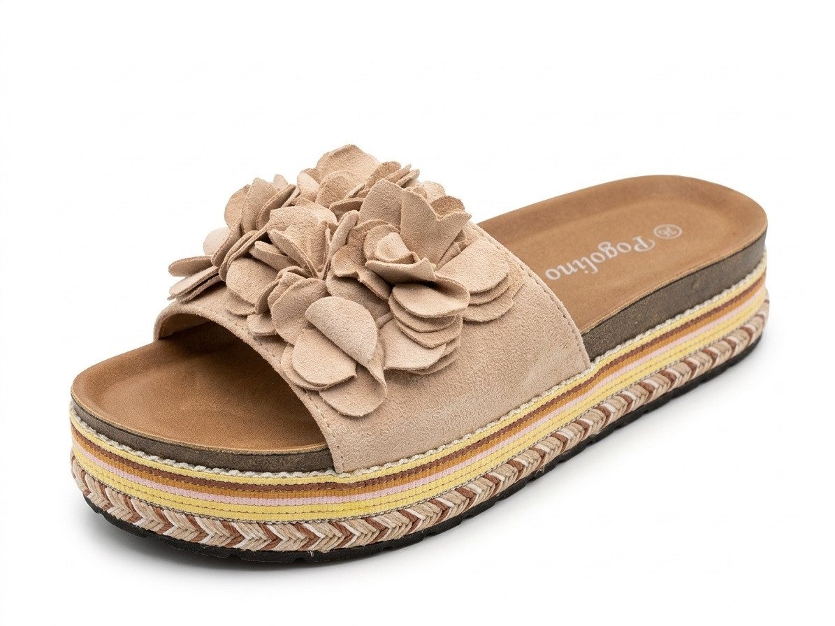 Pogolino TL891 Plateausandale NICHT FÜR BREITE FÜße Damen Sandalen mit Plateausohle und Blumen (beige)