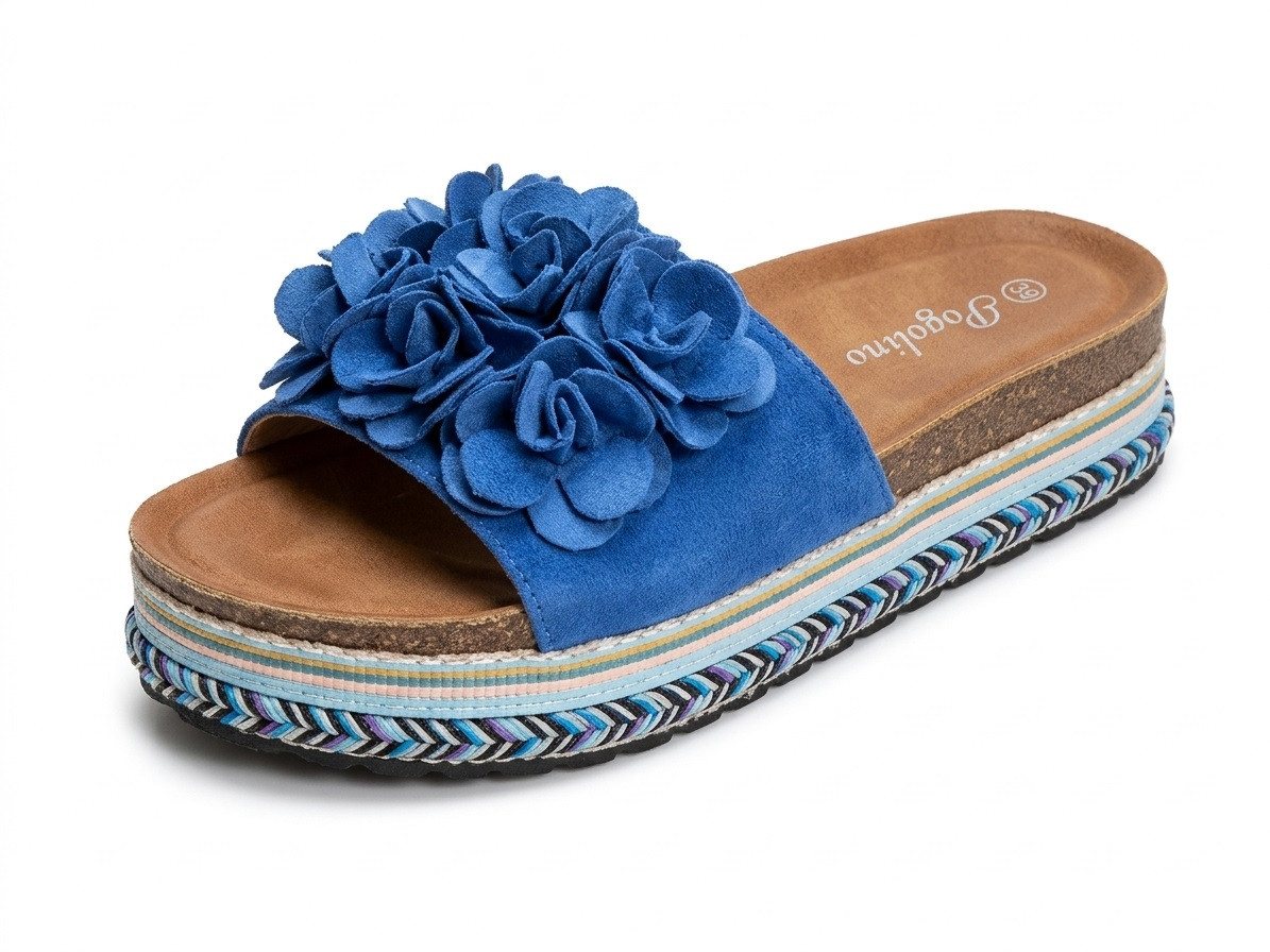 Pogolino TL891 Plateausandale NICHT FÜR BREITE FÜße Damen Sandalen mit Plateausohle und Blumen (blau)