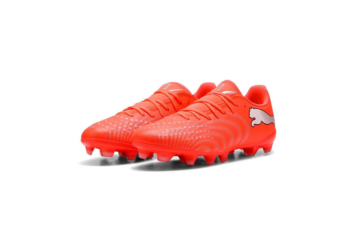 Puma FUTURE 9 PLAY FG/AG Fußballschuh für Rasenplätze, mit Synthetik-Obermaterial, mit Schnürung (rot/weiß/schwarz/silber)