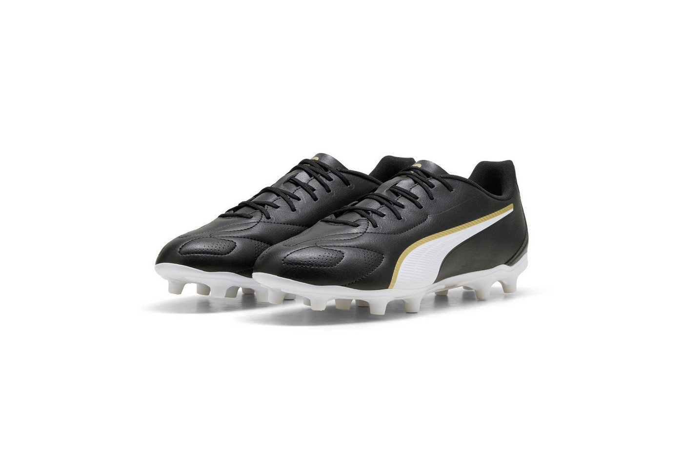 Puma KING 20 PLAY FGAG Fußballschuh für Rasen- und Kunstrasenplätze, weiches Obermaterial aus Synthetik (schwarz/weiß/gold)