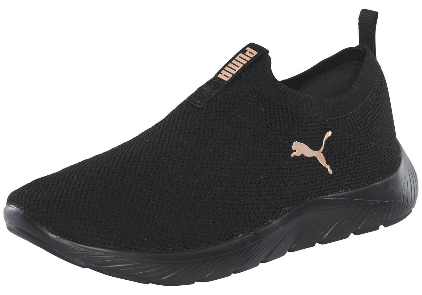 Puma SOFTRIDE REMI SLIP-ON KNIT WN'S Slip-On Sneaker für Sport, mit SOFTFOAM+ Dämpfung, aus gestricktem Textil (schwarz/gold)