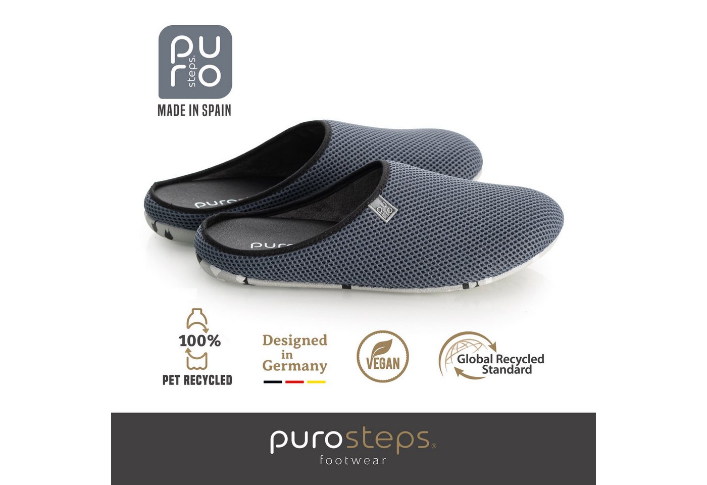 purosteps Casa-Eco Hausschuh Hergestellt aus recycelten PET Flaschen, Handgefertigt, Naturkautschuk (grau/schwarz)