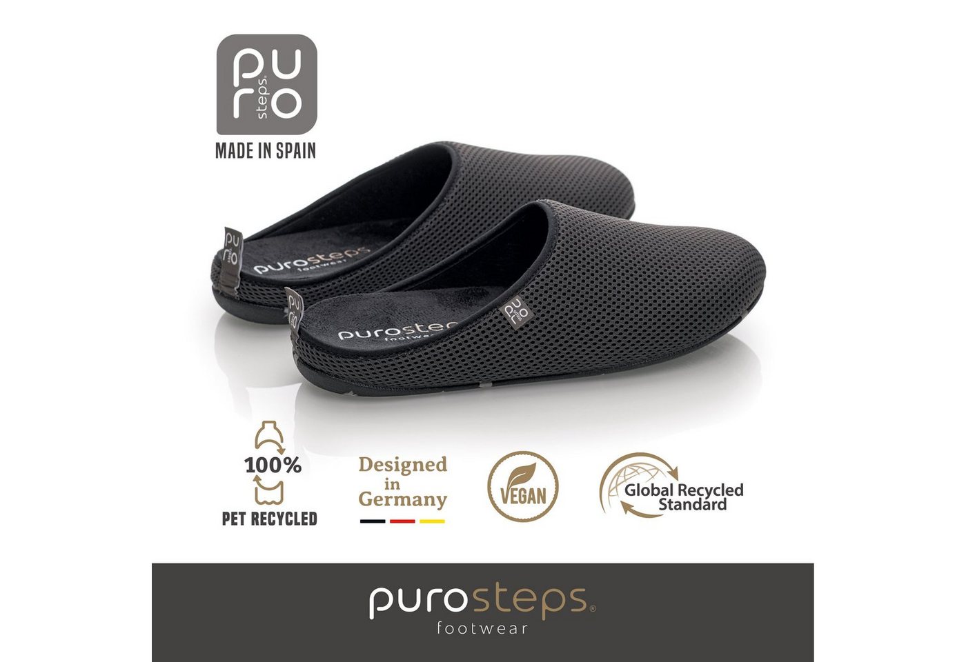 purosteps Casa-Eco Hausschuh Hergestellt aus recycelten PET Flaschen, Handgefertigt, Naturkautschuk (grau/schwarz)