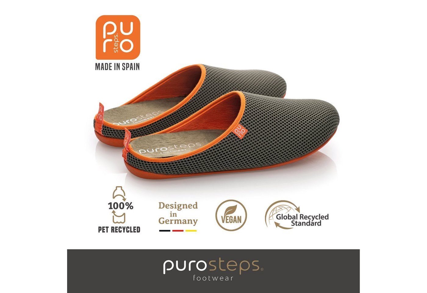 purosteps Casa-Eco Hausschuh Hergestellt aus recycelten PET Flaschen, Handgefertigt, Naturkautschuk (grün/orange)