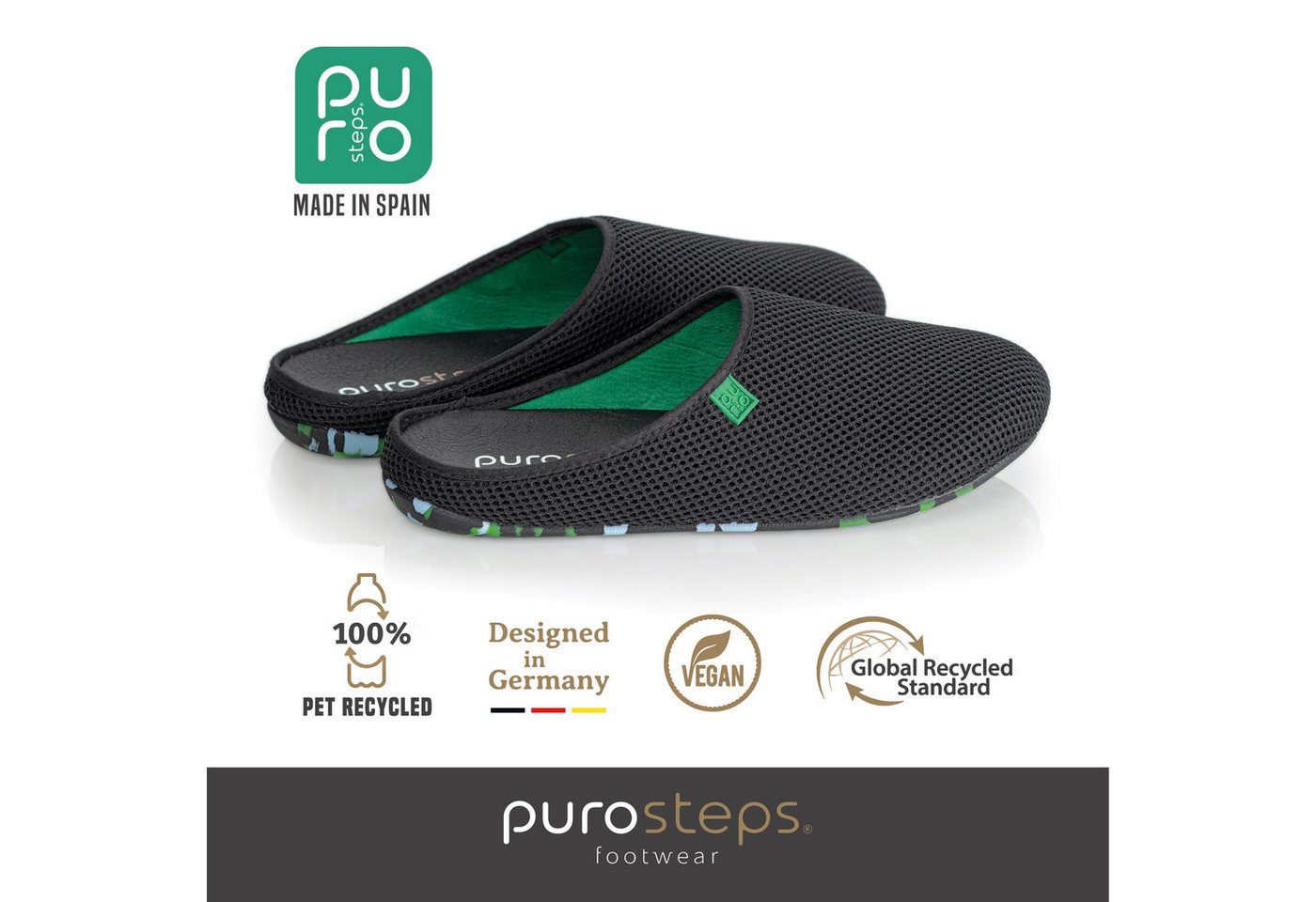 purosteps Casa-Eco Hausschuh Hergestellt aus recycelten PET Flaschen, Handgefertigt, Naturkautschuk (grün/schwarz)