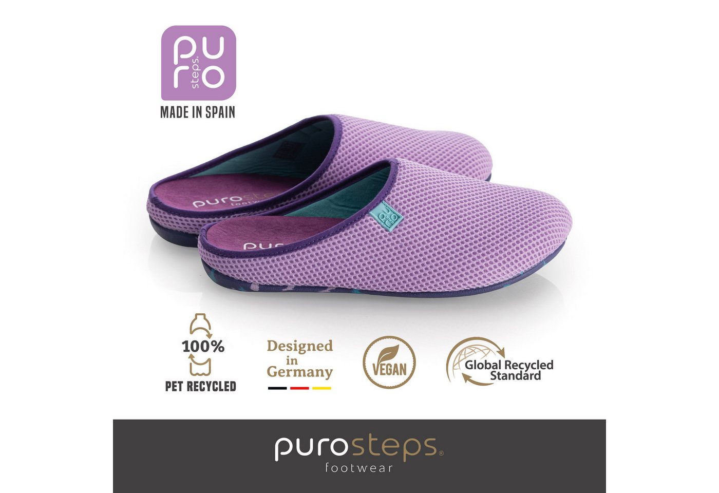 purosteps Casa-Eco Hausschuh Hergestellt aus recycelten PET Flaschen, Handgefertigt, Naturkautschuk (lila)