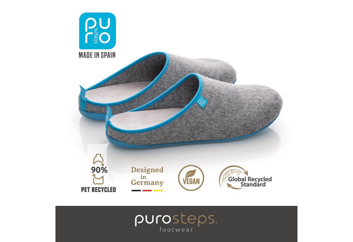 purosteps Fieltro-Eco Hausschuh Hergestellt aus recycelten PET Flaschen, Handgefertigt, Naturkautschuk
