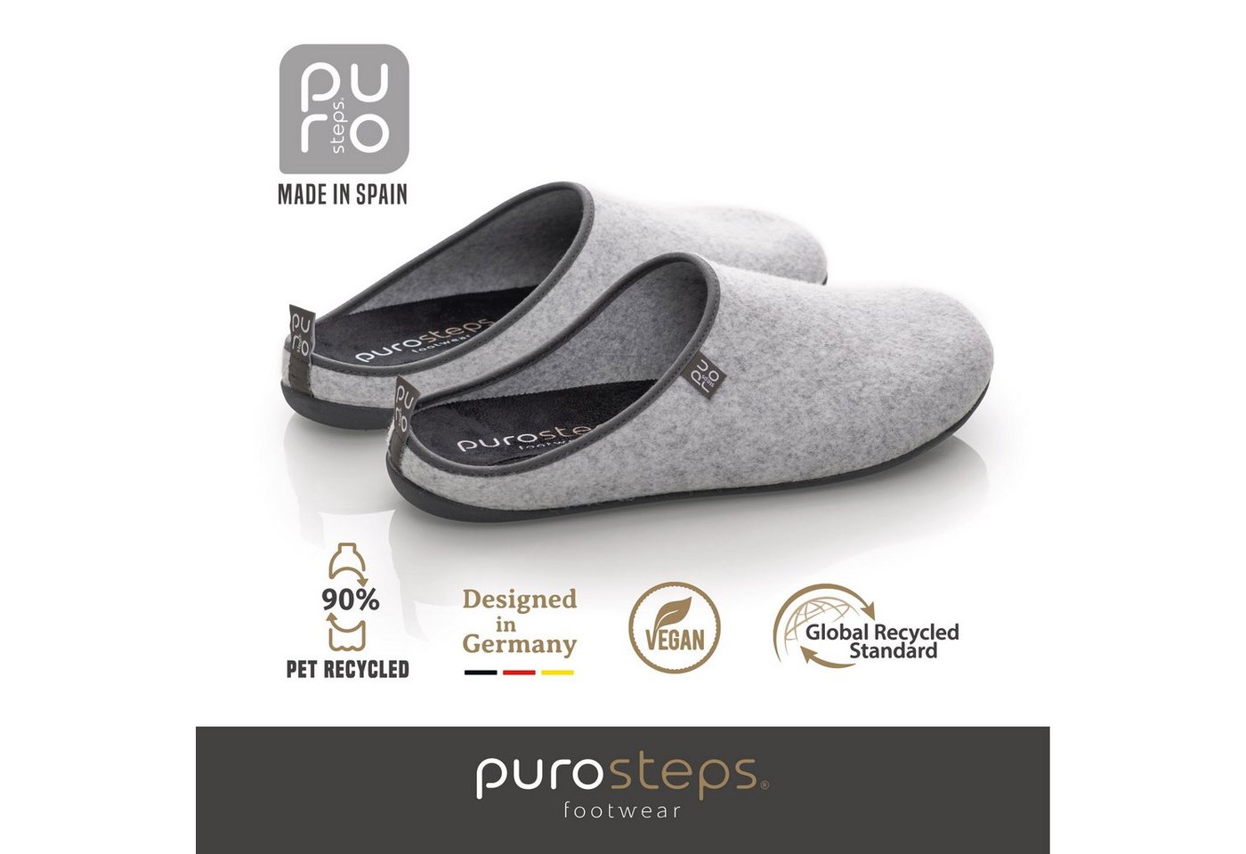 purosteps Fieltro-Eco Hausschuh Hergestellt aus recycelten PET Flaschen, Handgefertigt, Naturkautschuk