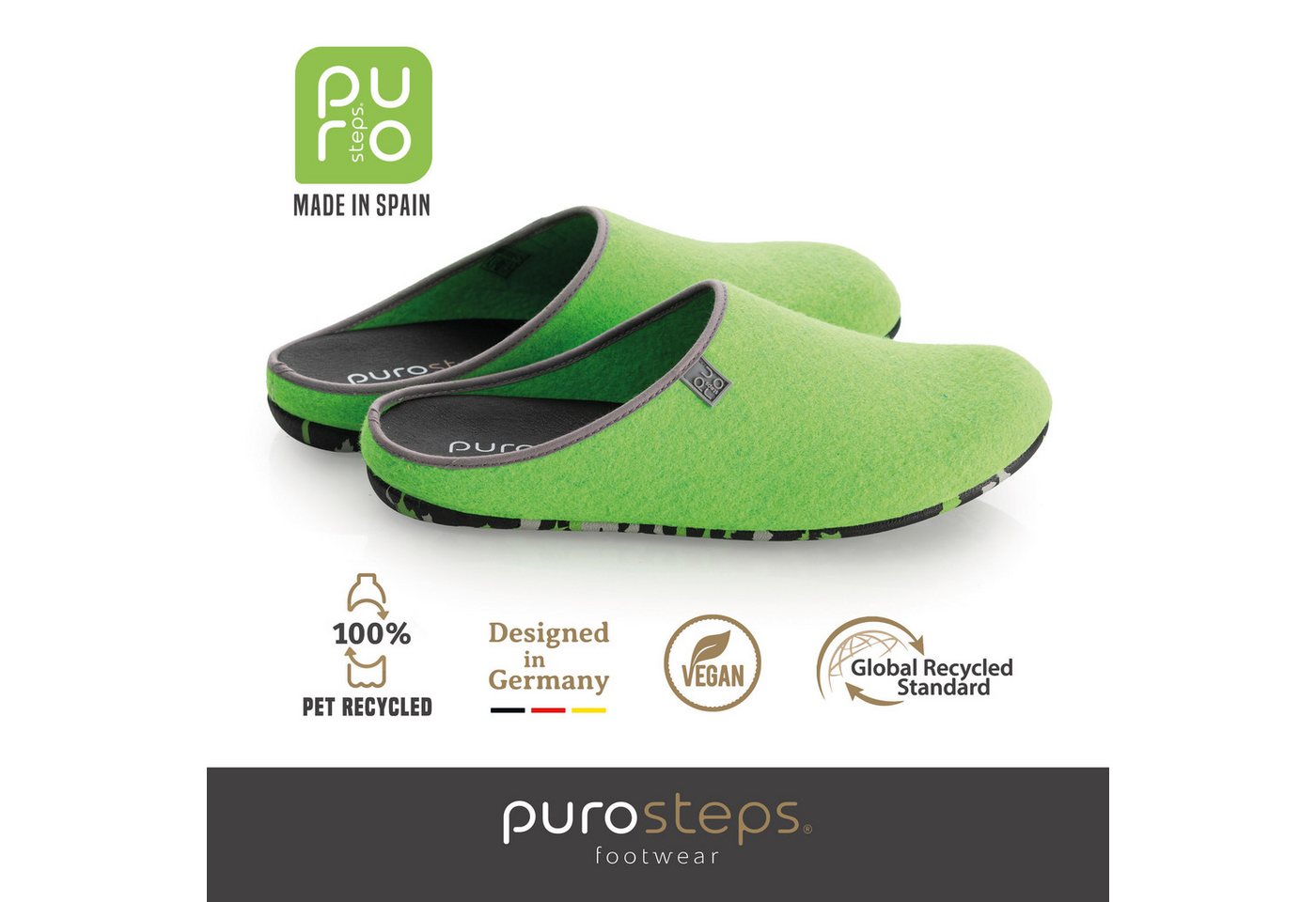 purosteps Fieltro-Eco Hausschuh Hergestellt aus recycelten PET Flaschen, Handgefertigt, Naturkautschuk (grau/grün)